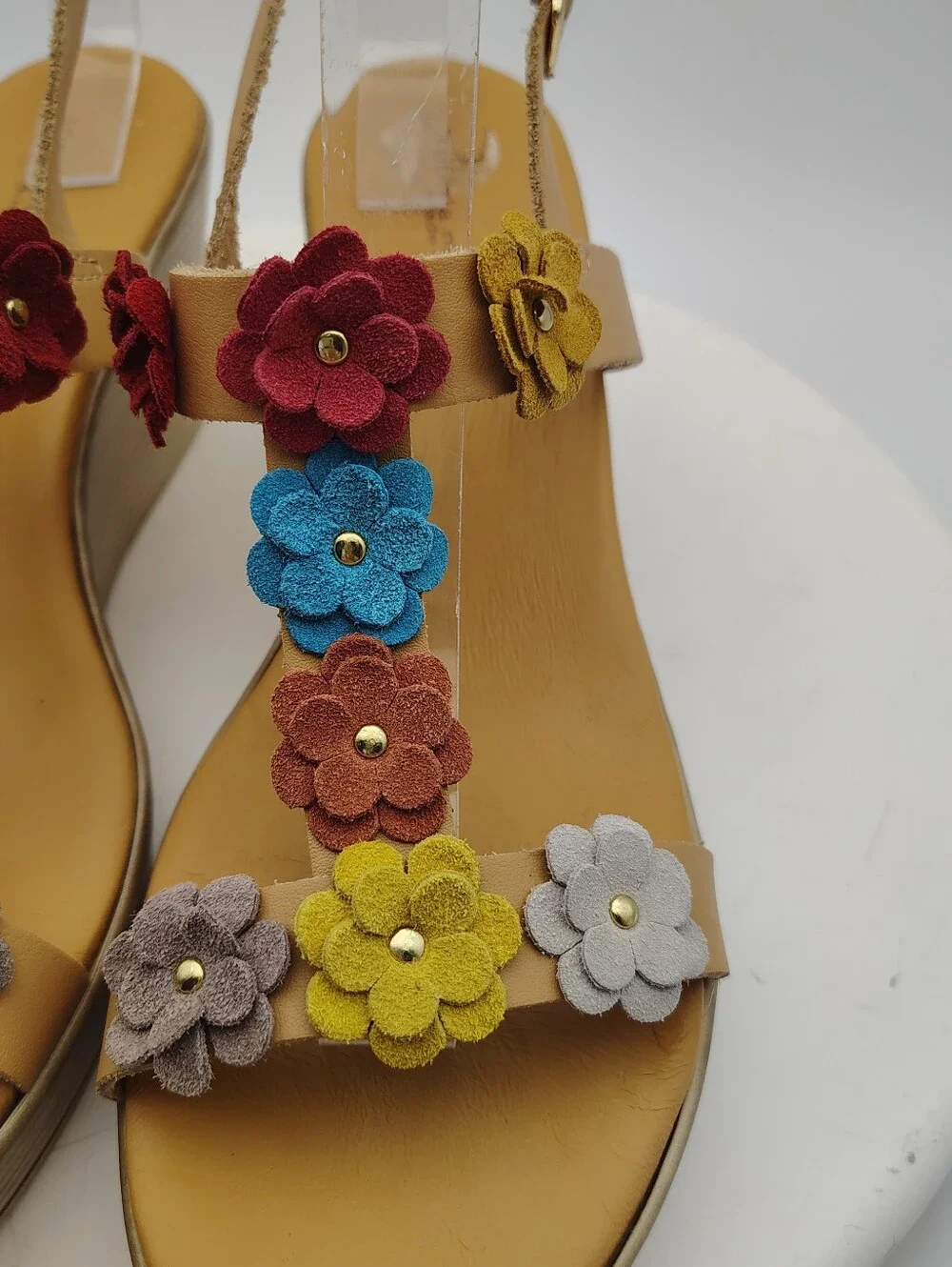 Sophia Milano Made In Italy Wedge Sandals with Floral Leather Accents Size 9.5